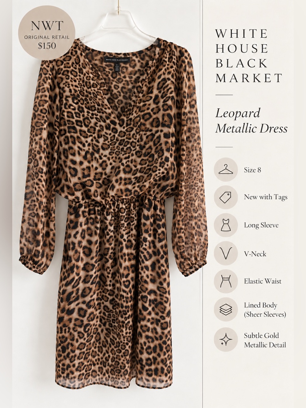 WHBM White House Black Market Leopard Print Long Sleeve Dress - NWT, Size 8